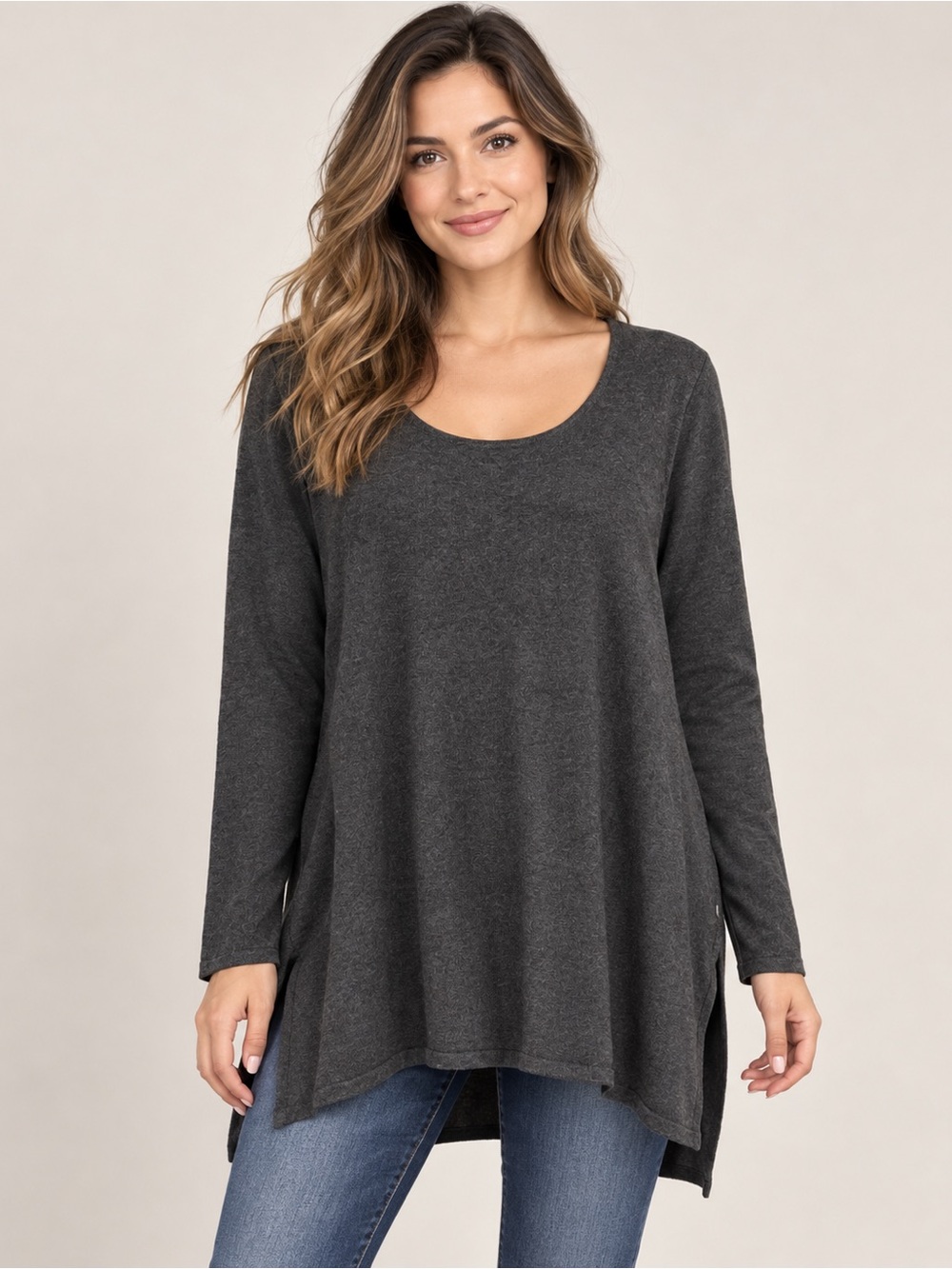 Tahari Charcoal Gray Long Sleeve Tunic Top